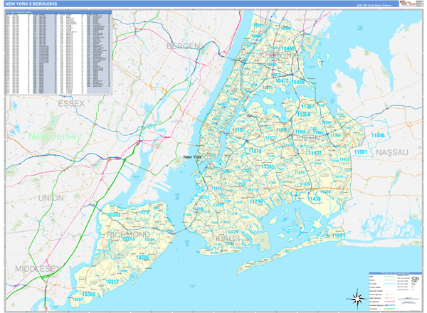 New York 5 Boroughs Zip Code Wall Map